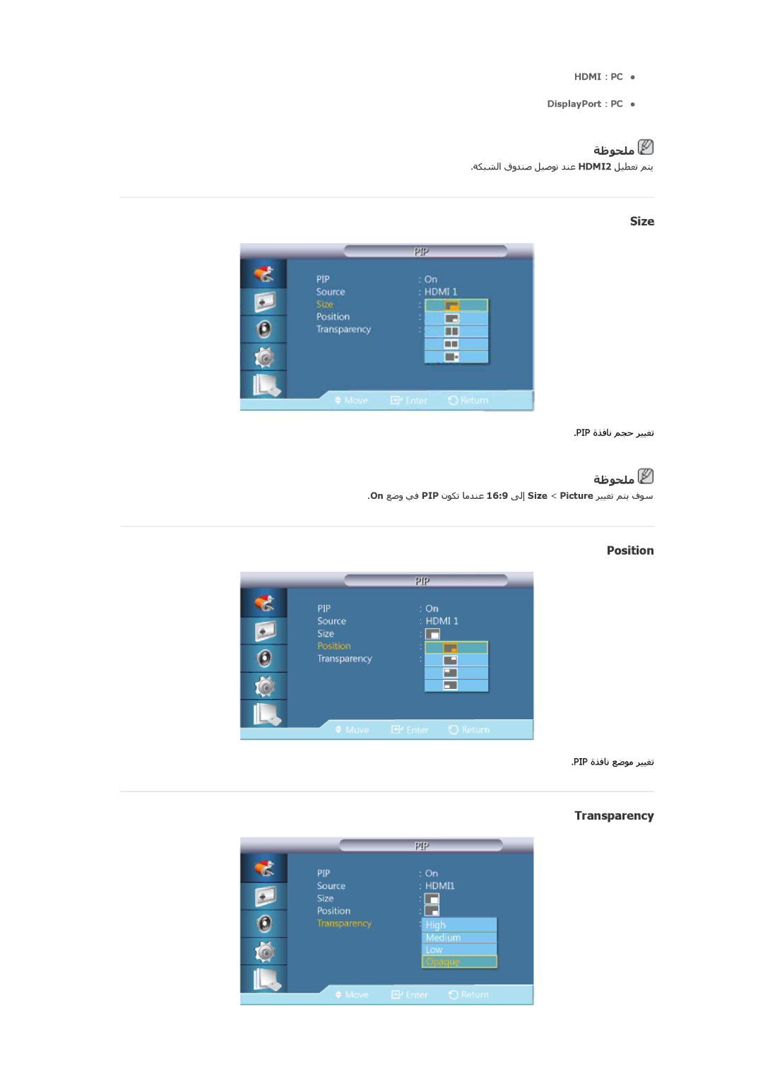 Samsung LH46OLBPPGC/EN, LH46OLBPPGC/SM manual Size, Position, Transparency 