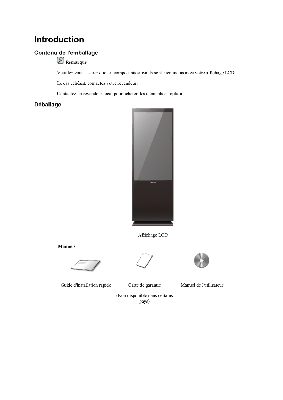 Samsung LH46OLBPPGC/EN manual Contenu de lemballage, Déballage, Manuels 