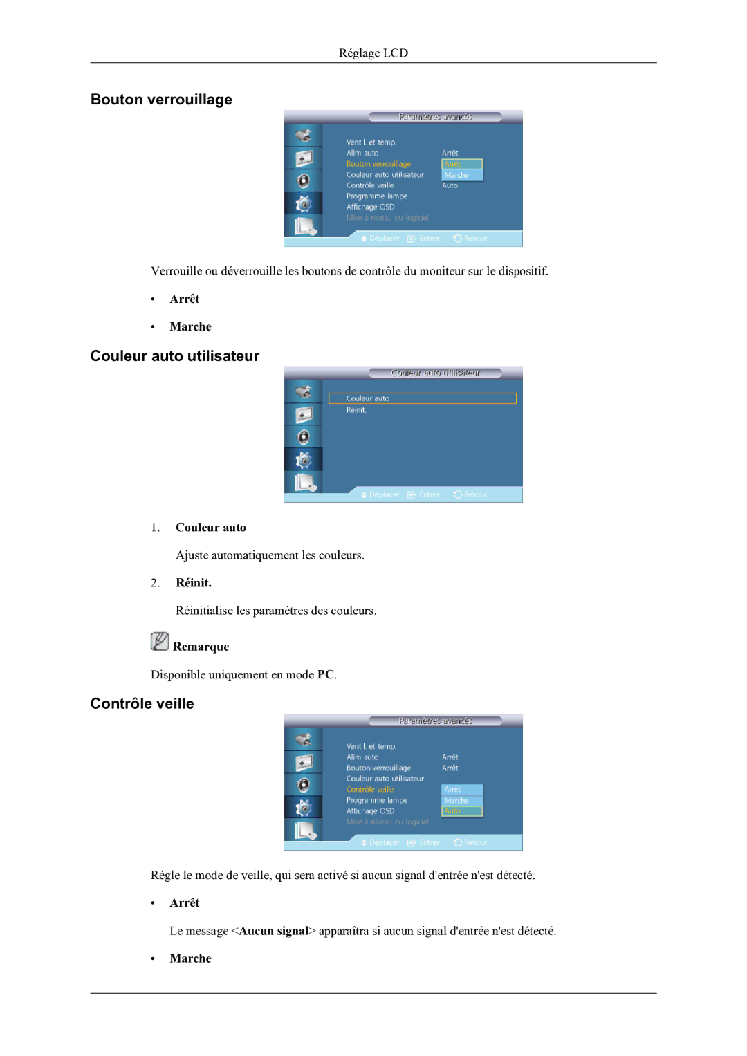 Samsung LH46OLBPPGC/EN manual Bouton verrouillage, Couleur auto utilisateur, Contrôle veille, Réinit 