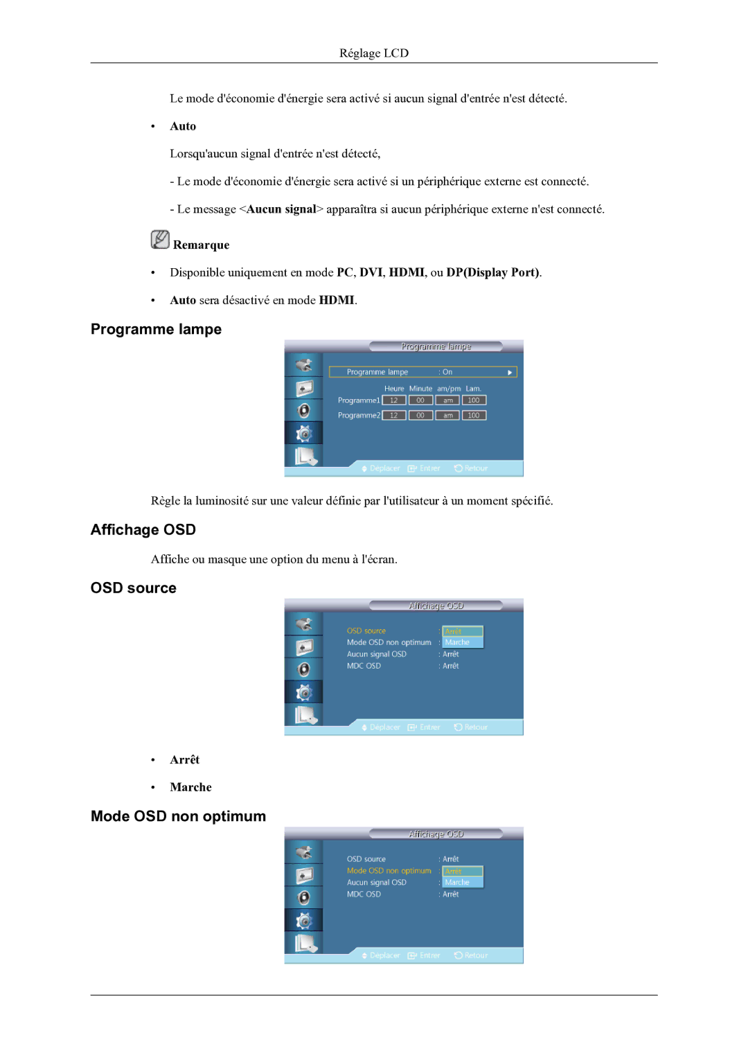 Samsung LH46OLBPPGC/EN manual Programme lampe, Affichage OSD, OSD source, Mode OSD non optimum, Auto 