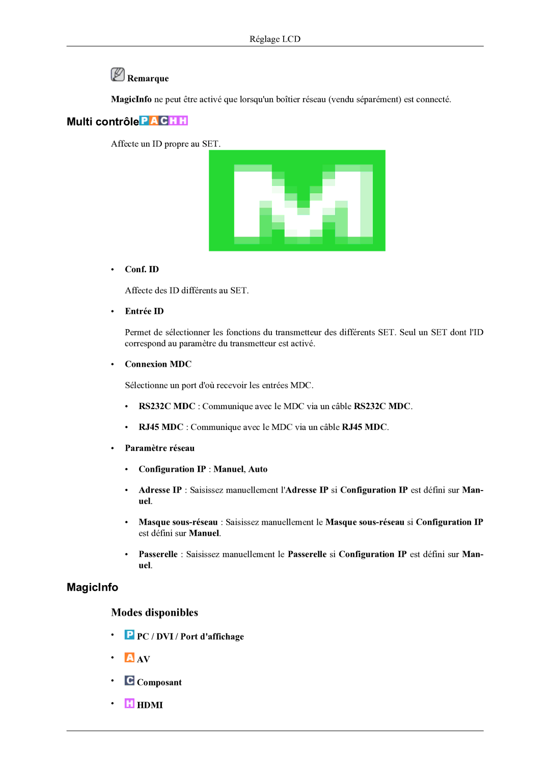 Samsung LH46OLBPPGC/EN manual MagicInfo, Conf. ID, Entrée ID, Connexion MDC 