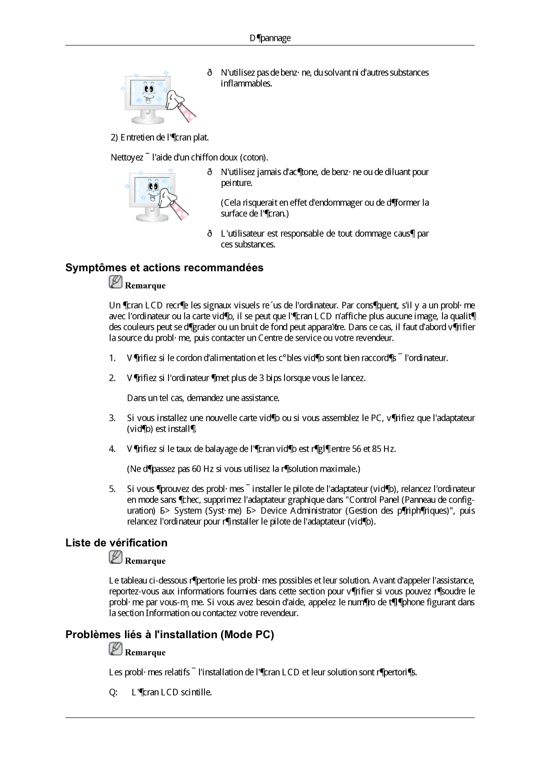 Samsung LH46OLBPPGC/EN Symptômes et actions recommandées, Liste de vérification, Problèmes liés à linstallation Mode PC 