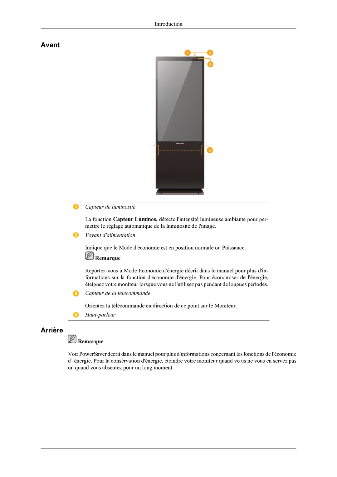 Samsung LH46OLBPPGC/EN manual Avant, Arrière 