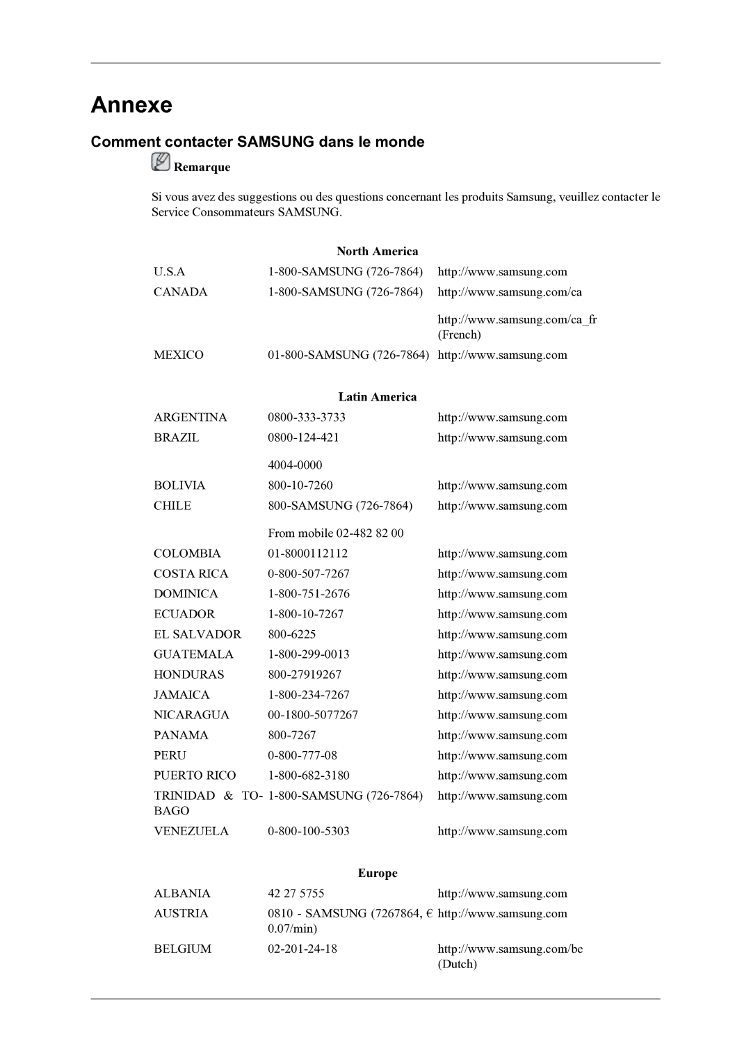 Samsung LH46OLBPPGC/EN manual Comment contacter Samsung dans le monde, North America, Latin America, Europe 