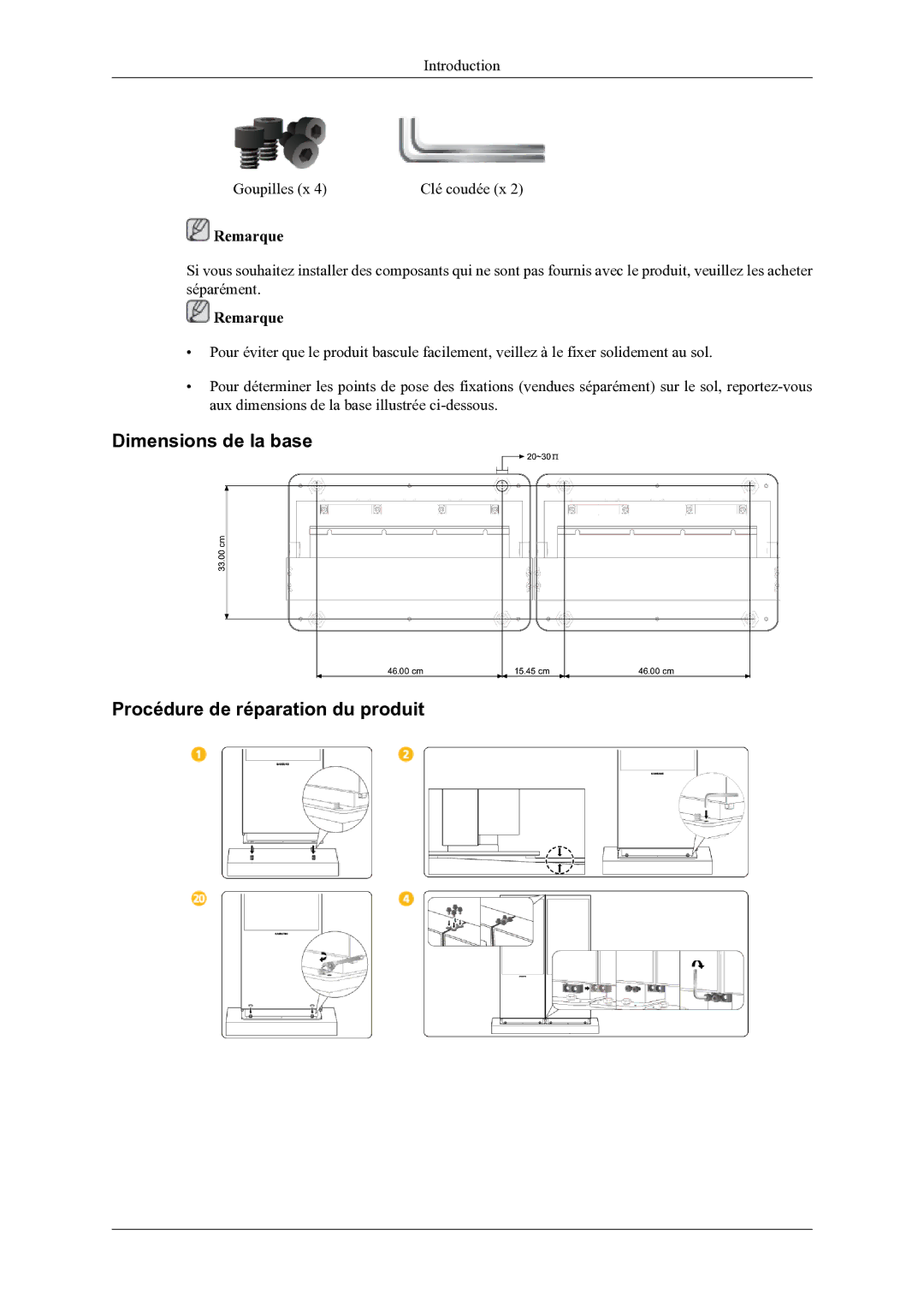 Samsung LH46OLBPPGC/EN manual Dimensions de la base Procédure de réparation du produit, Remarque 