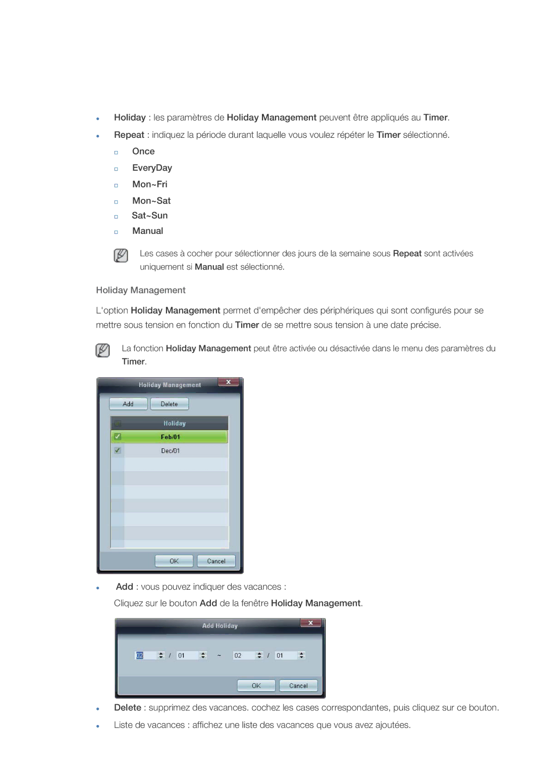 Samsung LH46OLBPPGC/EN manual Holiday Management 