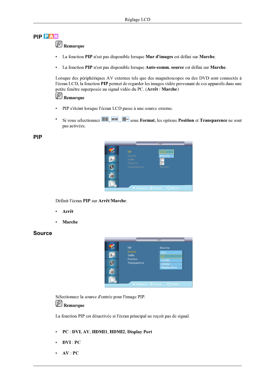 Samsung LH46OLBPPGC/EN manual Pip, Source, Arrêt Marche, PC DVI, AV, HDMI1, HDMI2, Display Port DVI PC AV PC 