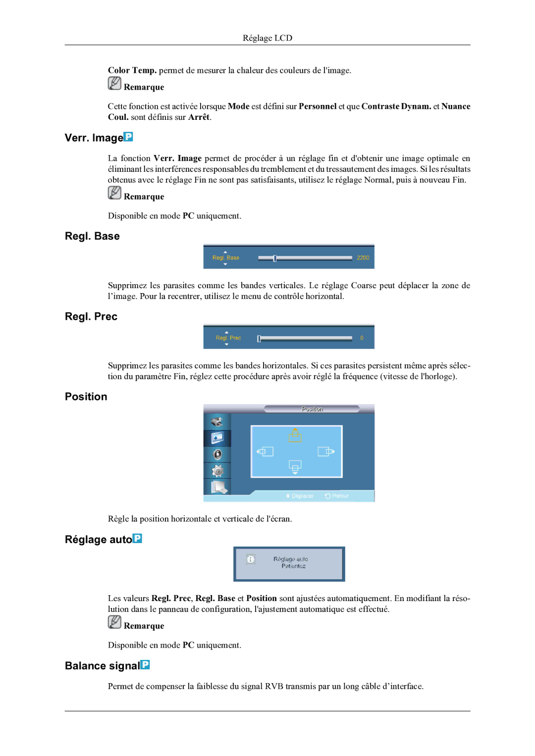 Samsung LH46OLBPPGC/EN manual Verr. Image, Regl. Base, Regl. Prec, Réglage auto, Balance signal 