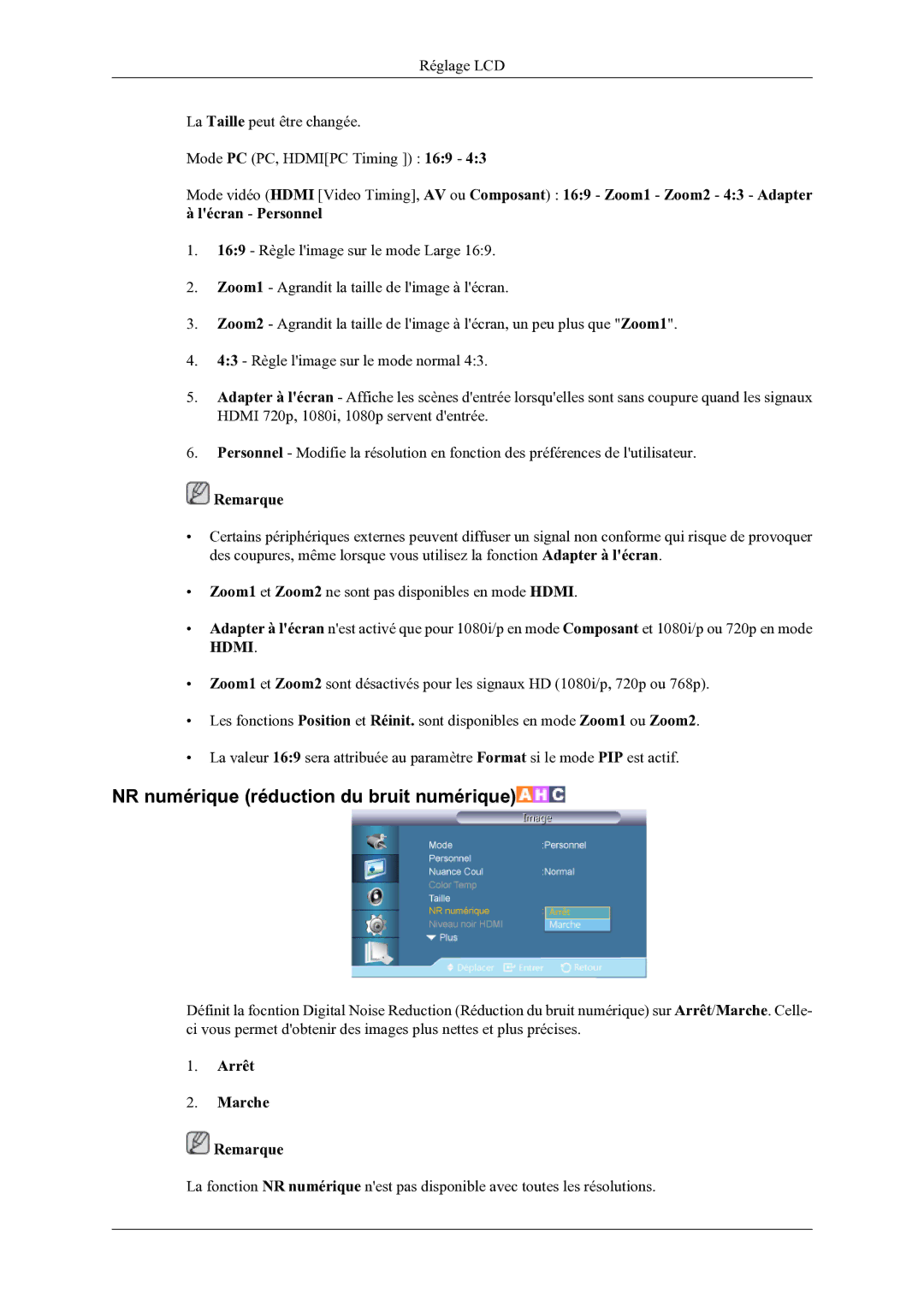 Samsung LH46OLBPPGC/EN manual NR numérique réduction du bruit numérique, Arrêt Marche Remarque 