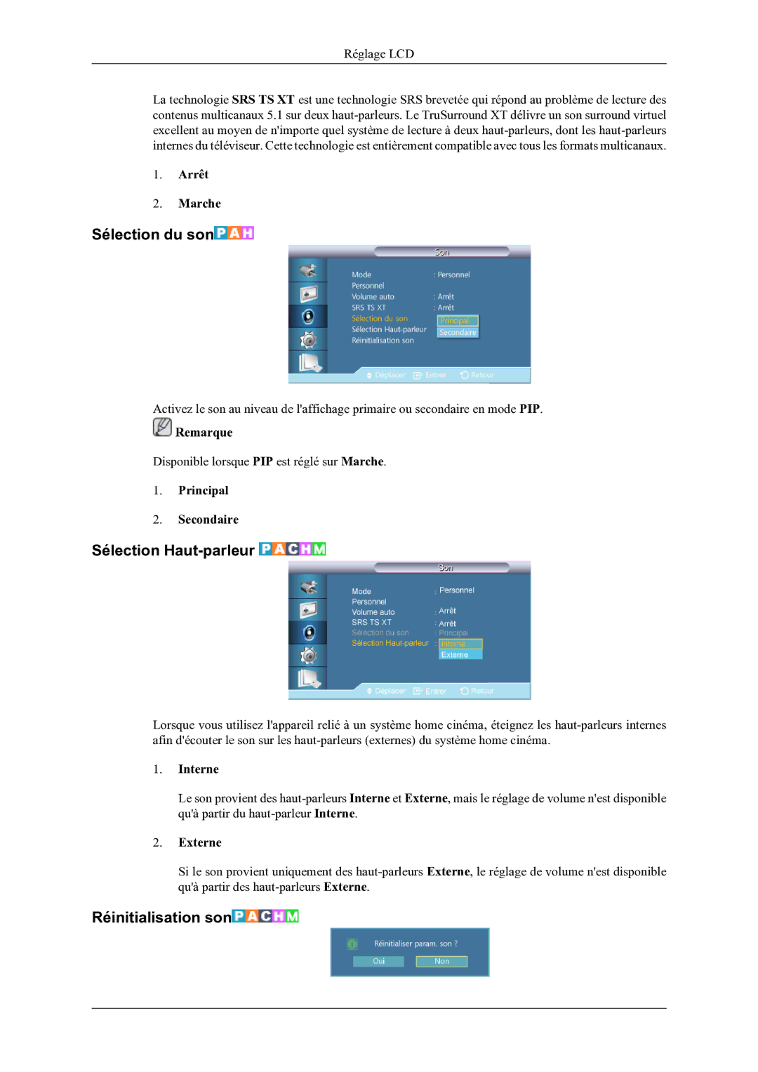 Samsung LH46OLBPPGC/EN manual Sélection du son, Sélection Haut-parleur, Réinitialisation son 