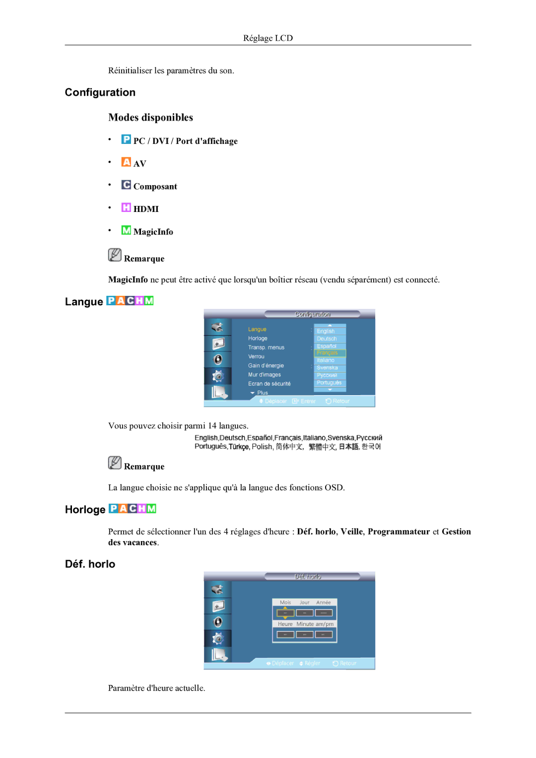 Samsung LH46OLBPPGC/EN manual Configuration, Langue, Horloge, Déf. horlo 