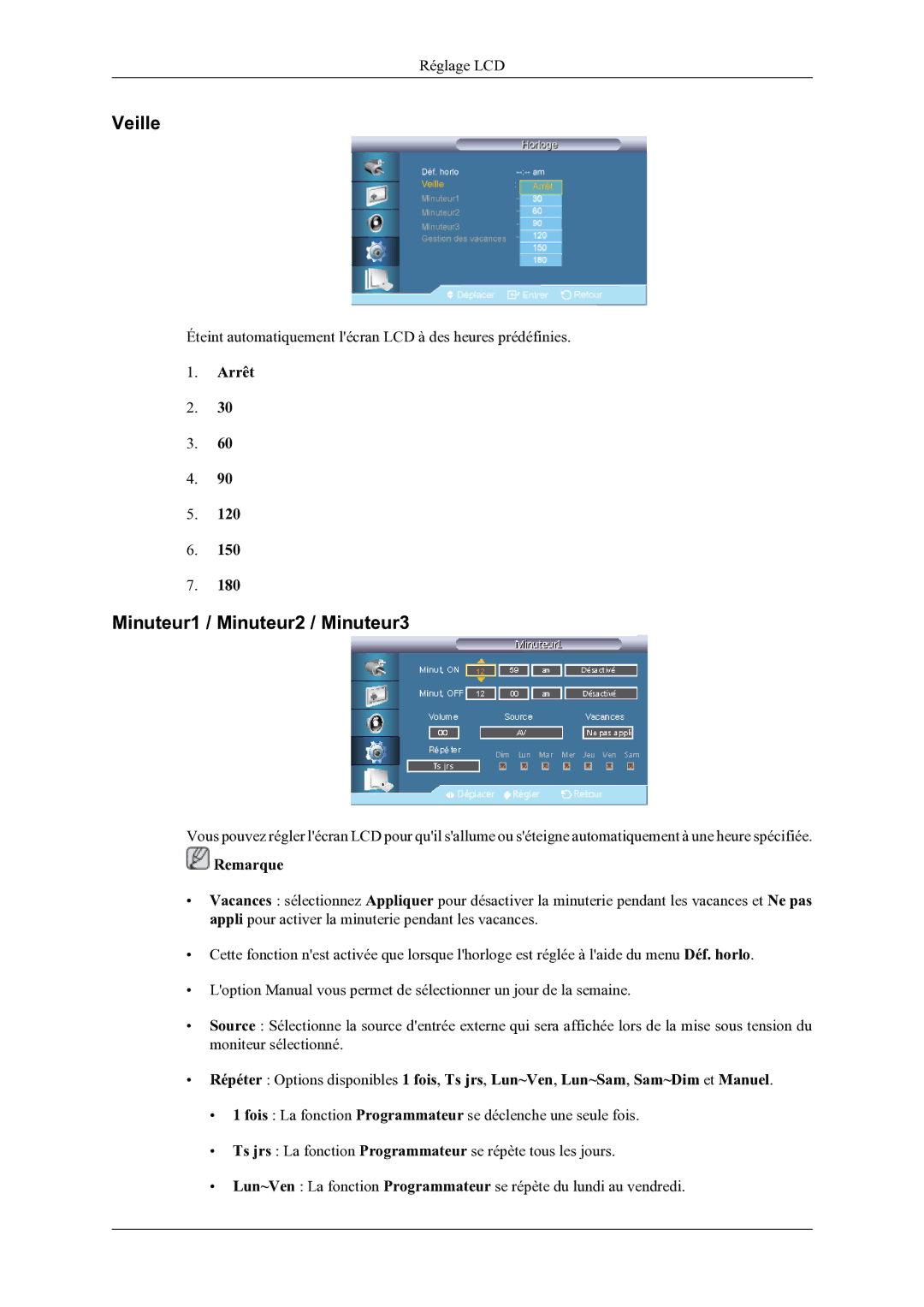 Samsung LH46OLBPPGC/EN manual Veille, Minuteur1 / Minuteur2 / Minuteur3 