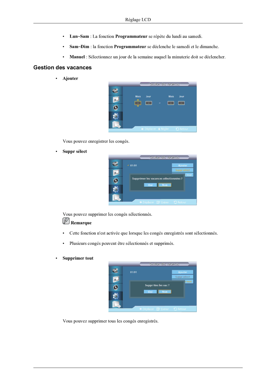 Samsung LH46OLBPPGC/EN manual Gestion des vacances, Ajouter, Suppr sélect, Supprimer tout 