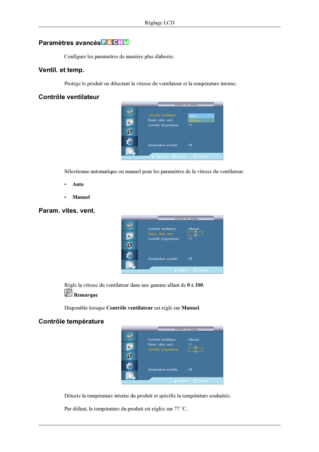 Samsung LH46OLBPPGC/EN Paramètres avancés, Ventil. et temp, Contrôle ventilateur, Param. vites. vent, Contrôle température 
