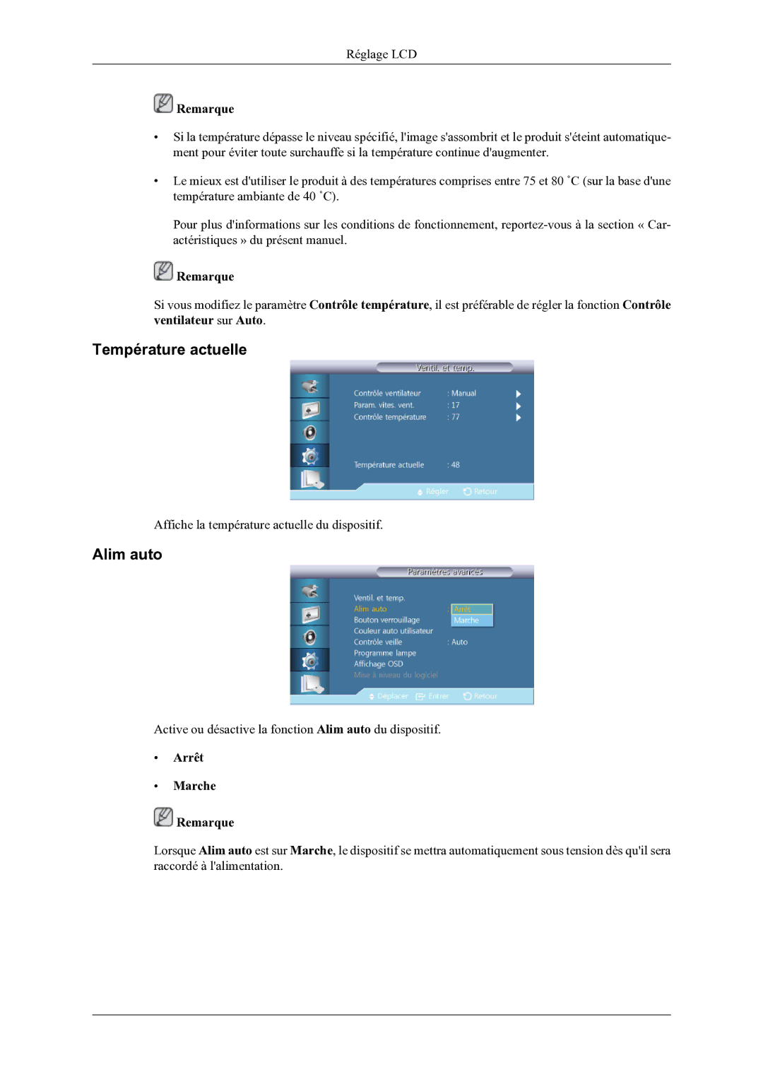 Samsung LH46OLBPPGC/EN manual Température actuelle, Alim auto 