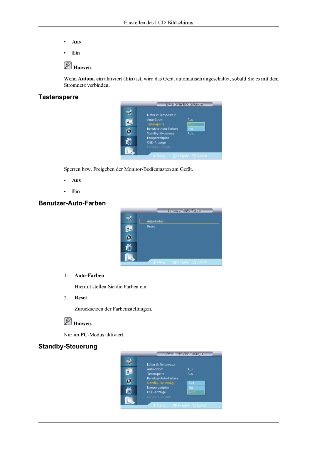 Samsung LH46OLBPPGC/EN manual Tastensperre, Benutzer-Auto-Farben, Standby-Steuerung, Reset 