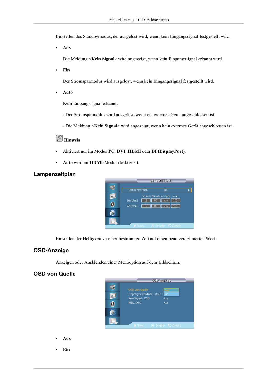 Samsung LH46OLBPPGC/EN manual Lampenzeitplan, OSD-Anzeige, OSD von Quelle, Auto 