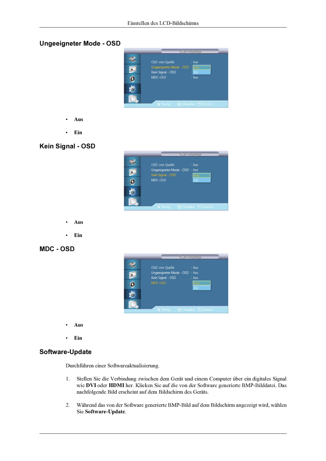 Samsung LH46OLBPPGC/EN manual Ungeeigneter Mode OSD, Kein Signal OSD, Software-Update 