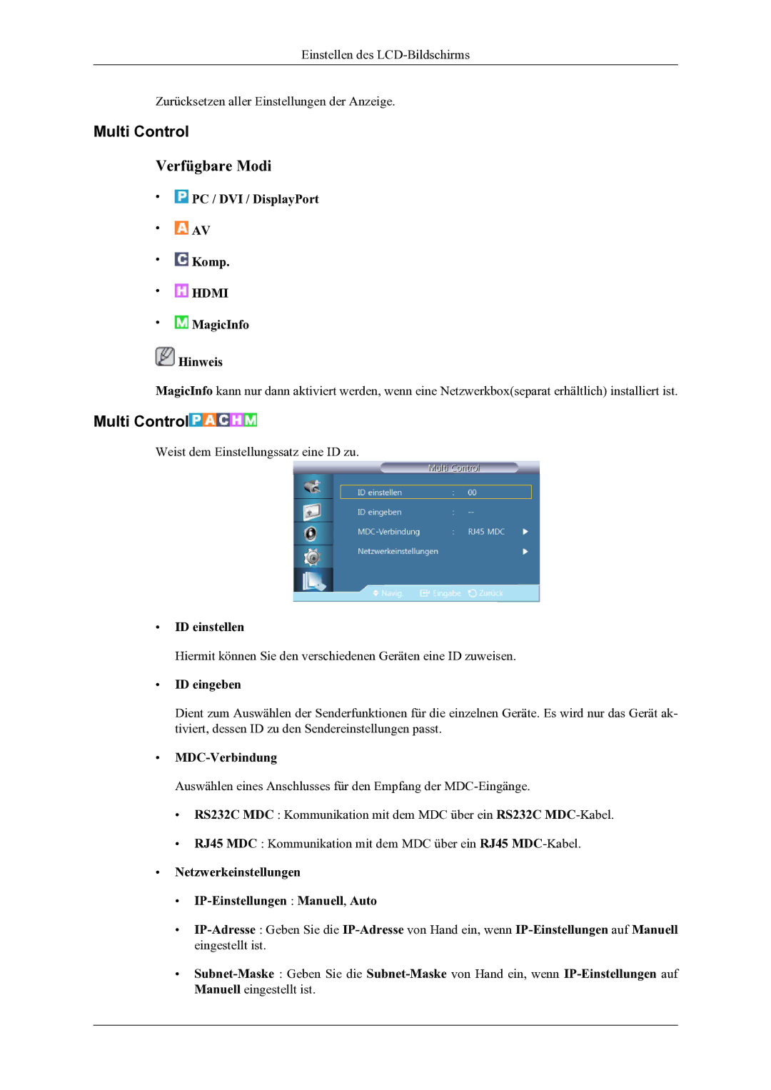 Samsung LH46OLBPPGC/EN manual Multi Control, ID einstellen, ID eingeben, MDC-Verbindung 