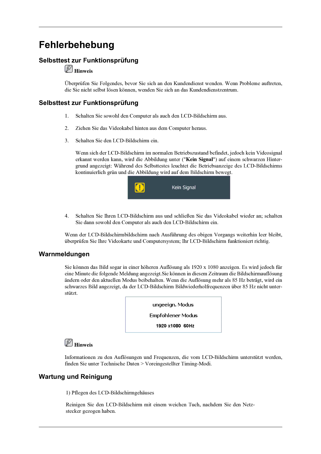 Samsung LH46OLBPPGC/EN manual Selbsttest zur Funktionsprüfung, Warnmeldungen, Wartung und Reinigung 