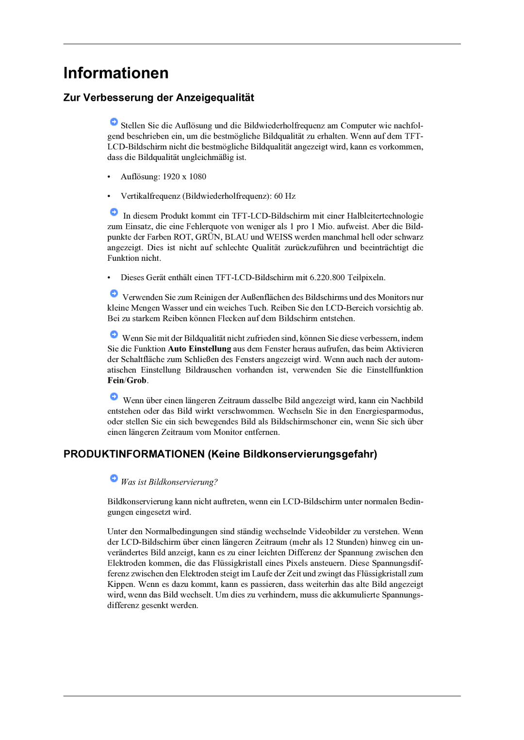 Samsung LH46OLBPPGC/EN manual Zur Verbesserung der Anzeigequalität, Produktinformationen Keine Bildkonservierungsgefahr 