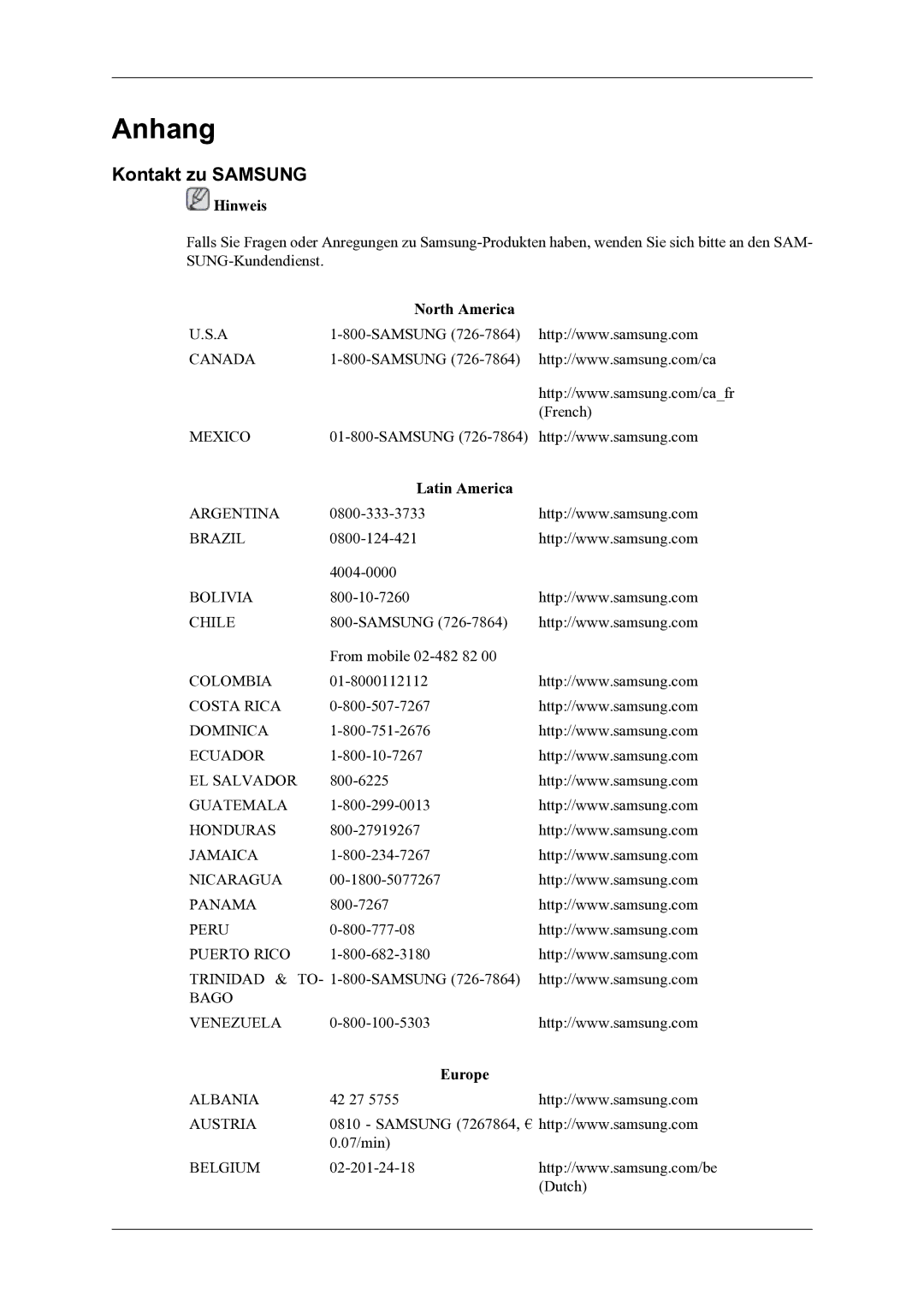 Samsung LH46OLBPPGC/EN manual Kontakt zu Samsung, North America, Latin America, Europe 