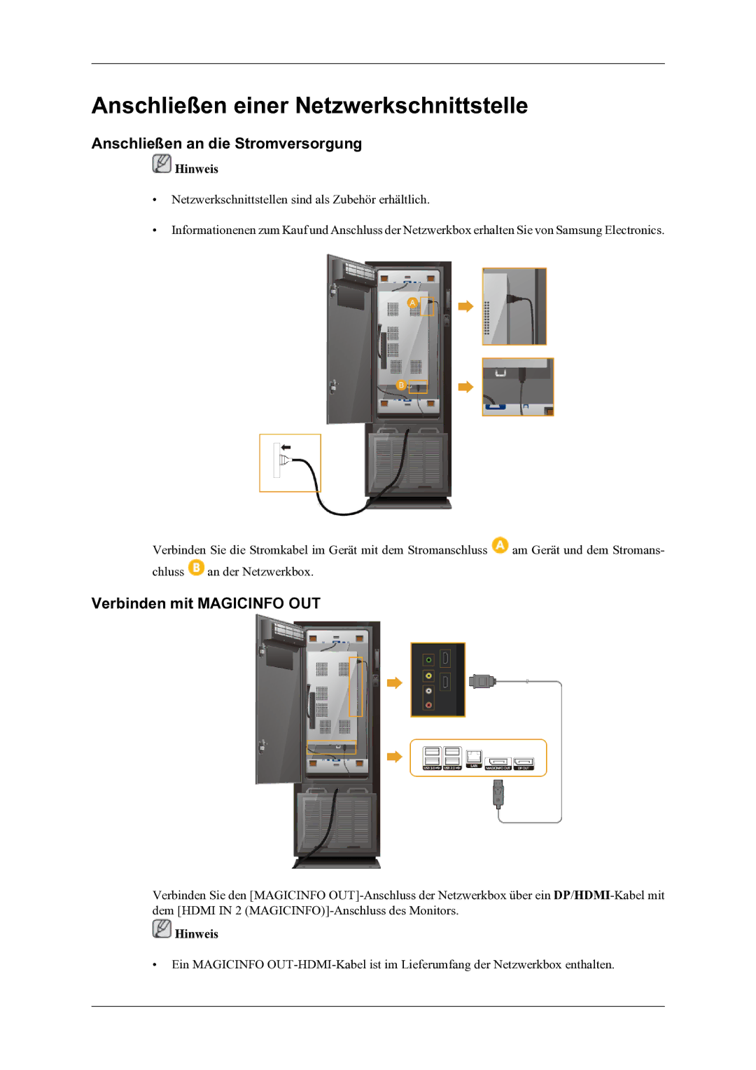 Samsung LH46OLBPPGC/EN manual Anschließen an die Stromversorgung, Verbinden mit Magicinfo OUT 