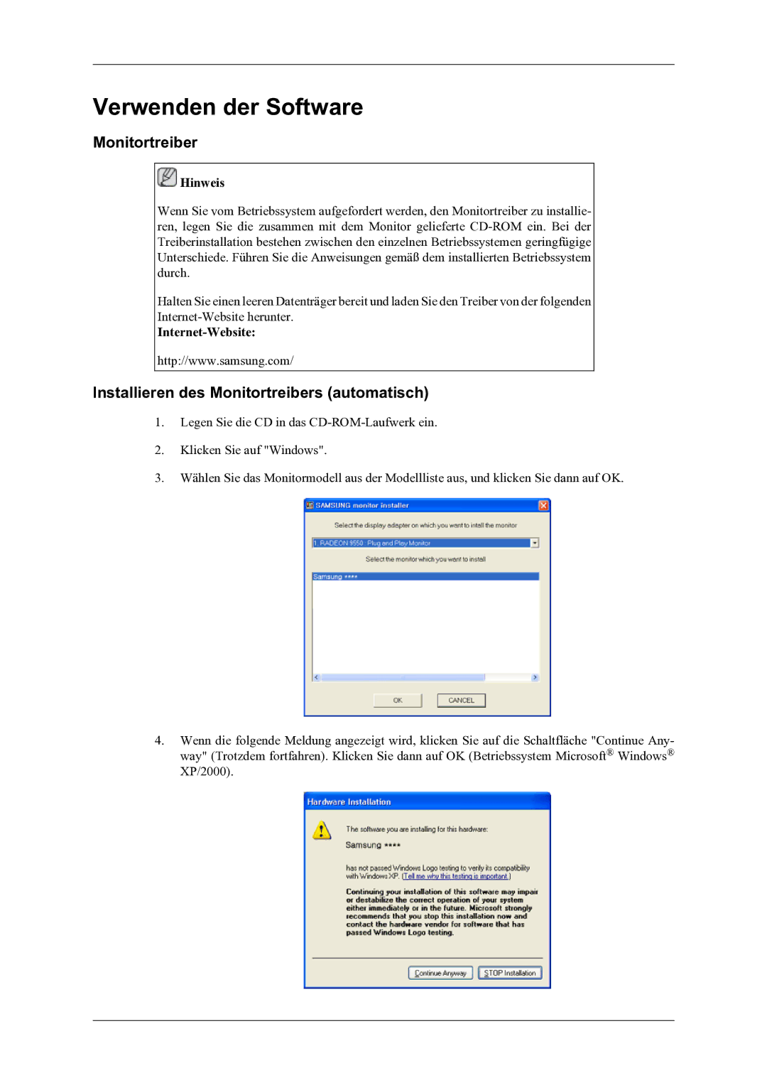 Samsung LH46OLBPPGC/EN manual Installieren des Monitortreibers automatisch, Internet-Website 