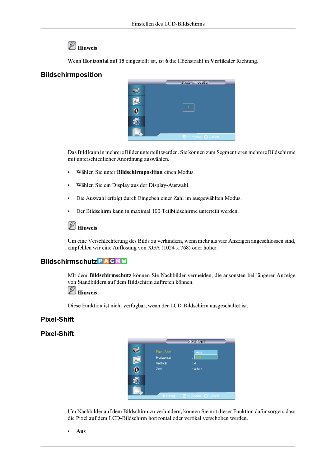 Samsung LH46OLBPPGC/EN manual Bildschirmposition, Bildschirmschutz, Pixel-Shift 