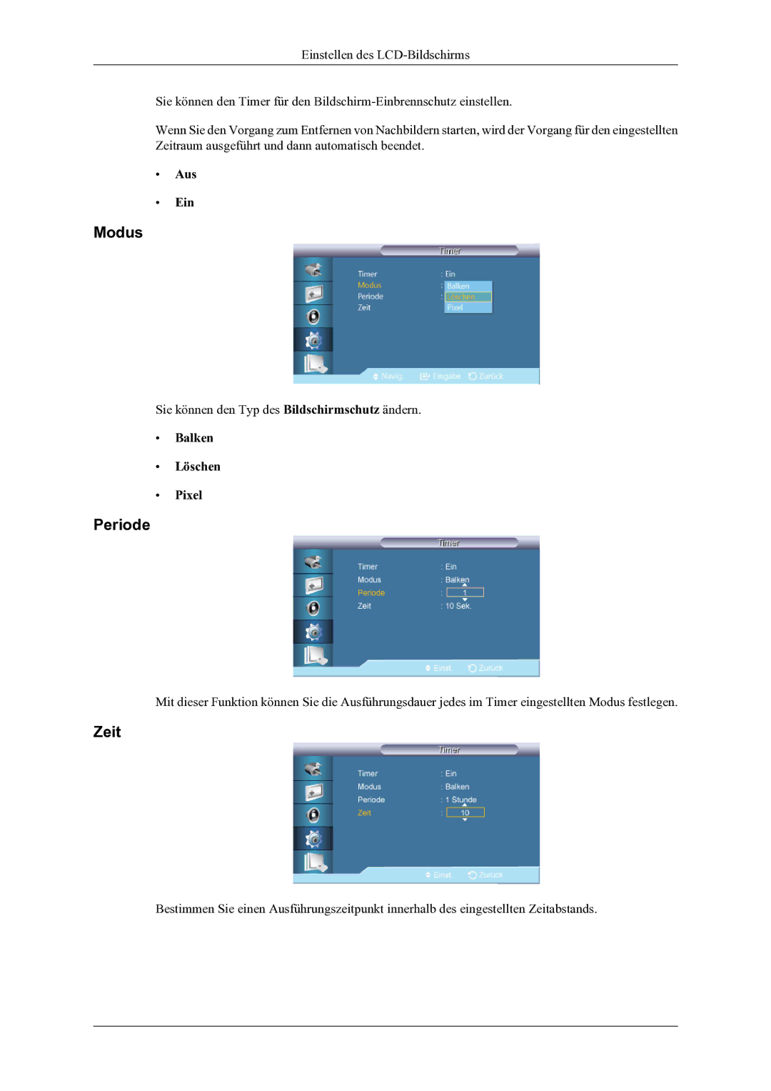 Samsung LH46OLBPPGC/EN manual Periode, Balken Löschen Pixel 