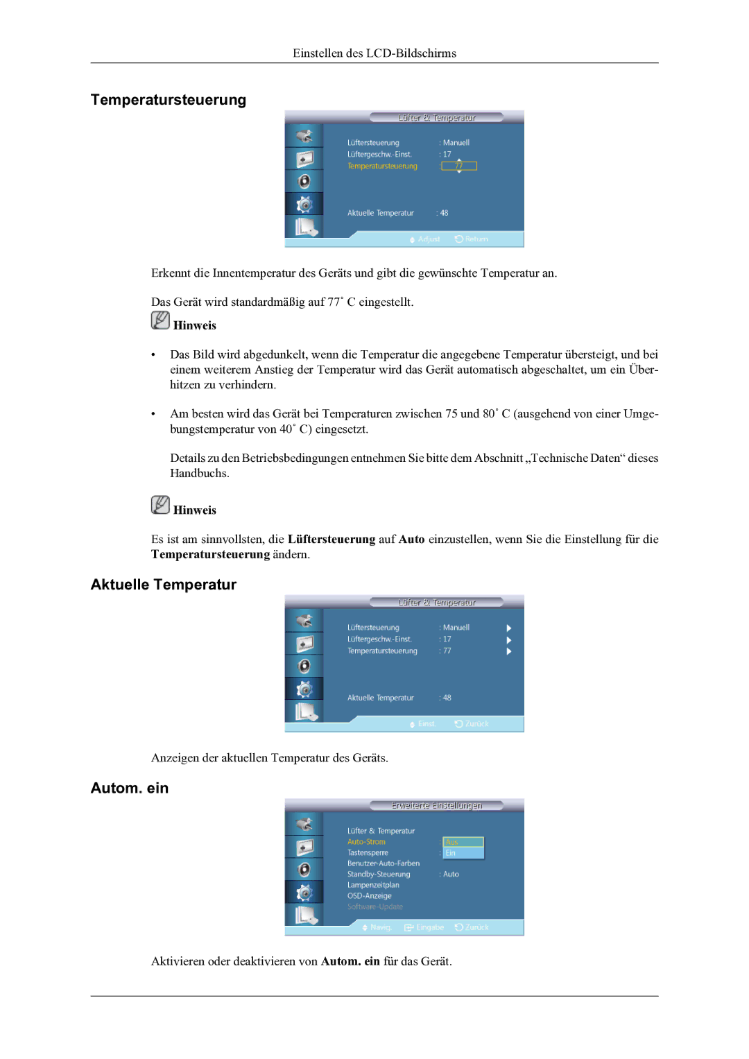 Samsung LH46OLBPPGC/EN manual Temperatursteuerung, Aktuelle Temperatur, Autom. ein 