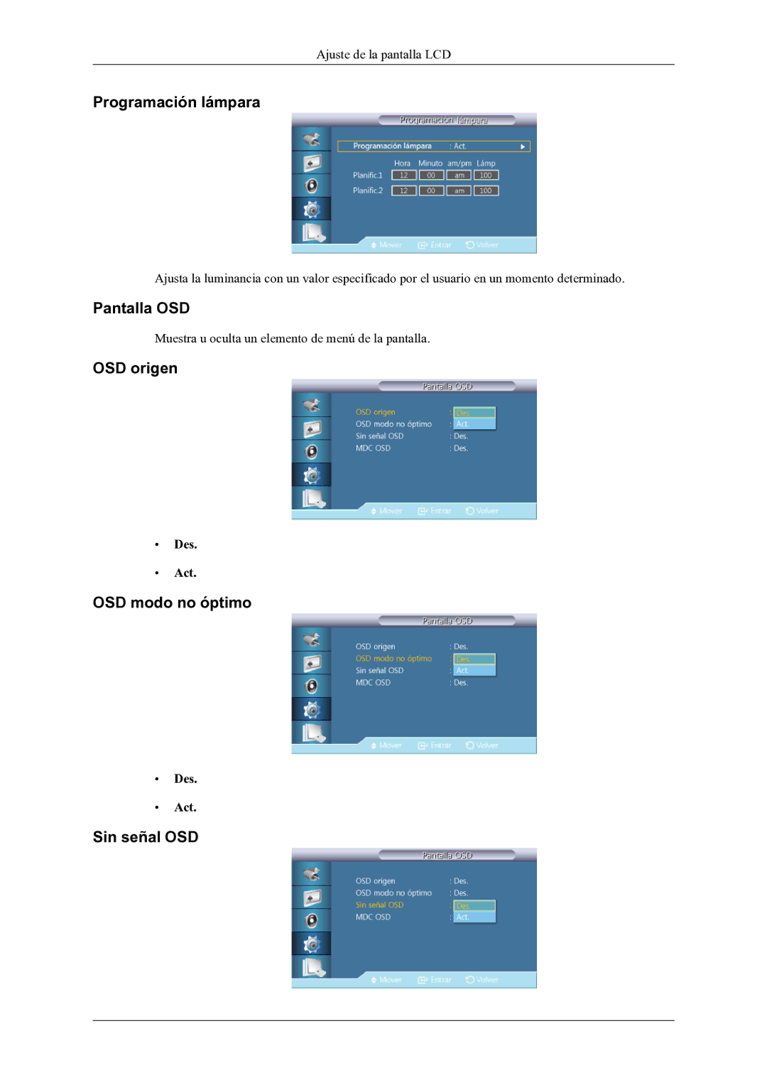 Samsung LH46OLBPPGC/EN manual Programación lámpara, Pantalla OSD, OSD origen, OSD modo no óptimo, Sin señal OSD 