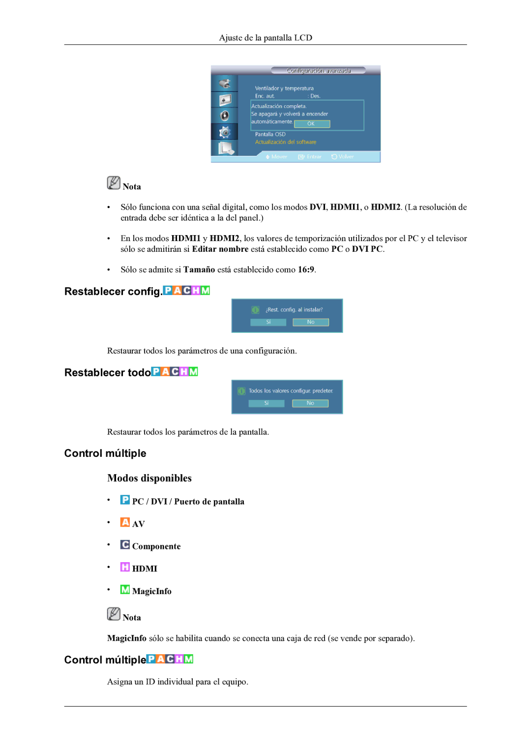 Samsung LH46OLBPPGC/EN manual Restablecer config, Restablecer todo, Control múltiple 