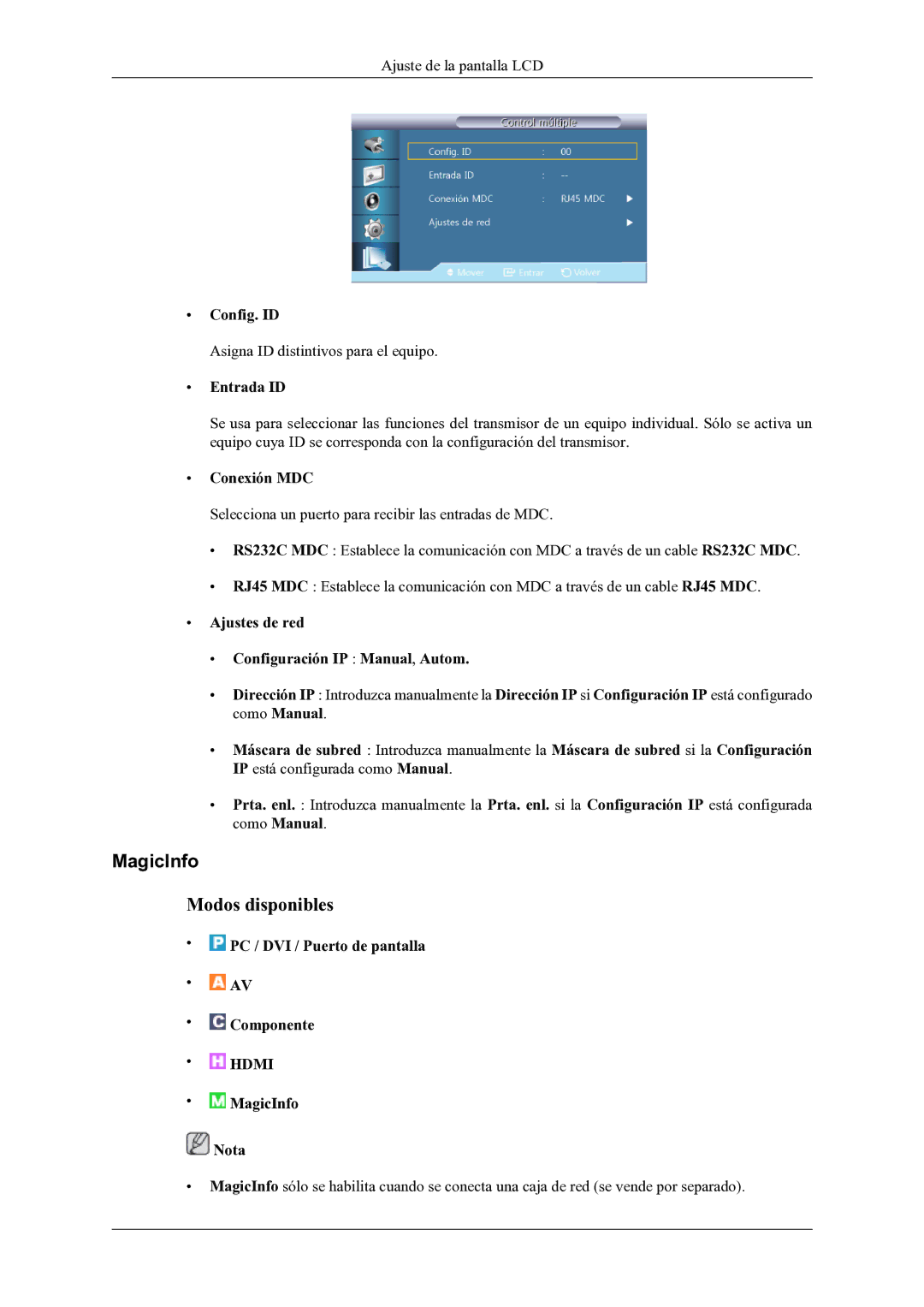 Samsung LH46OLBPPGC/EN MagicInfo, Config. ID, Entrada ID, Conexión MDC, Ajustes de red Configuración IP Manual, Autom 