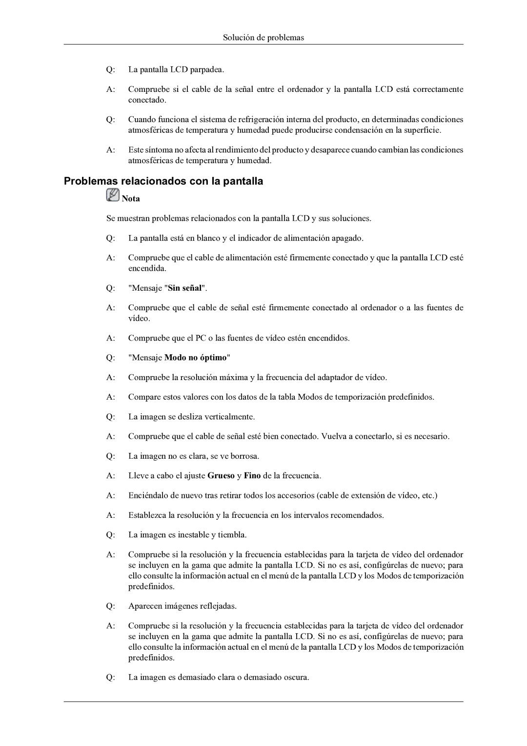 Samsung LH46OLBPPGC/EN manual Problemas relacionados con la pantalla, Mensaje Modo no óptimo 