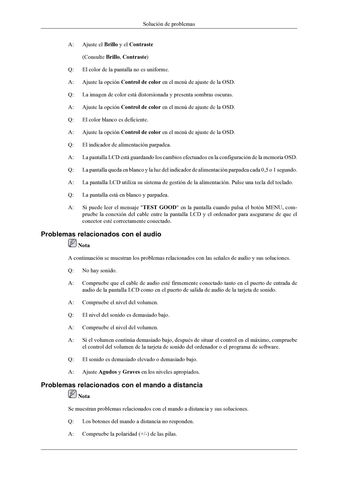 Samsung LH46OLBPPGC/EN manual Problemas relacionados con el audio, Problemas relacionados con el mando a distancia 