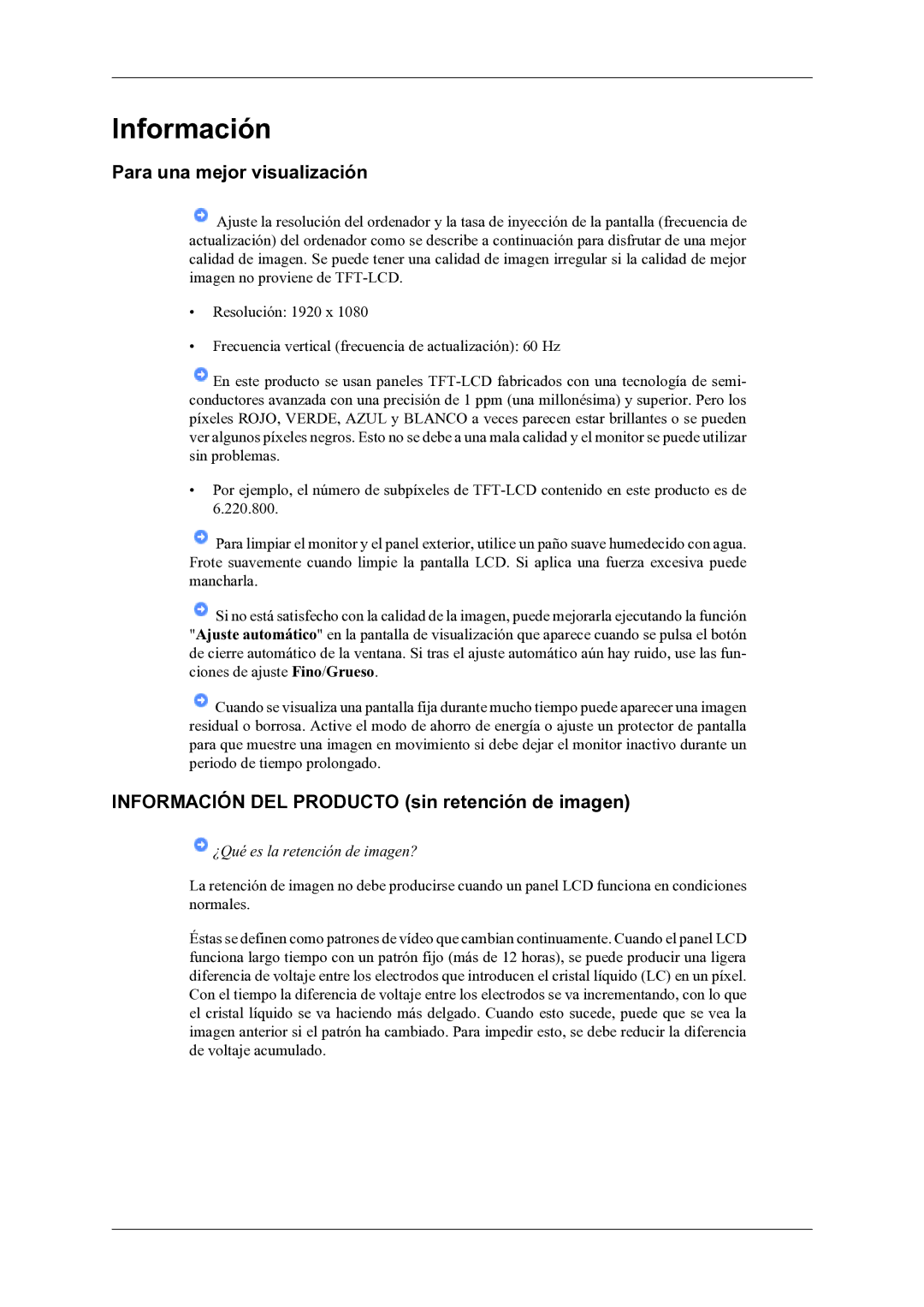 Samsung LH46OLBPPGC/EN manual Para una mejor visualización, Información DEL Producto sin retención de imagen 