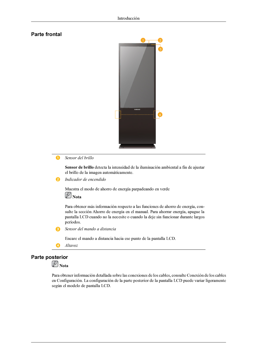 Samsung LH46OLBPPGC/EN manual Parte frontal, Parte posterior 