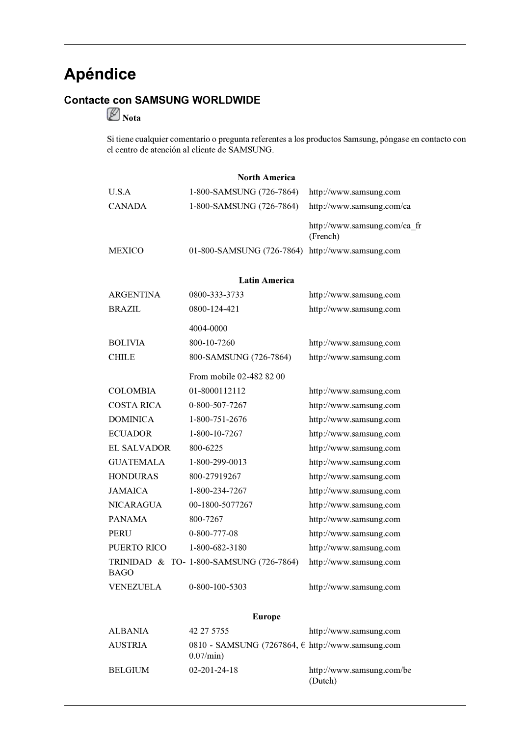 Samsung LH46OLBPPGC/EN manual Contacte con Samsung Worldwide, North America, Latin America, Europe 