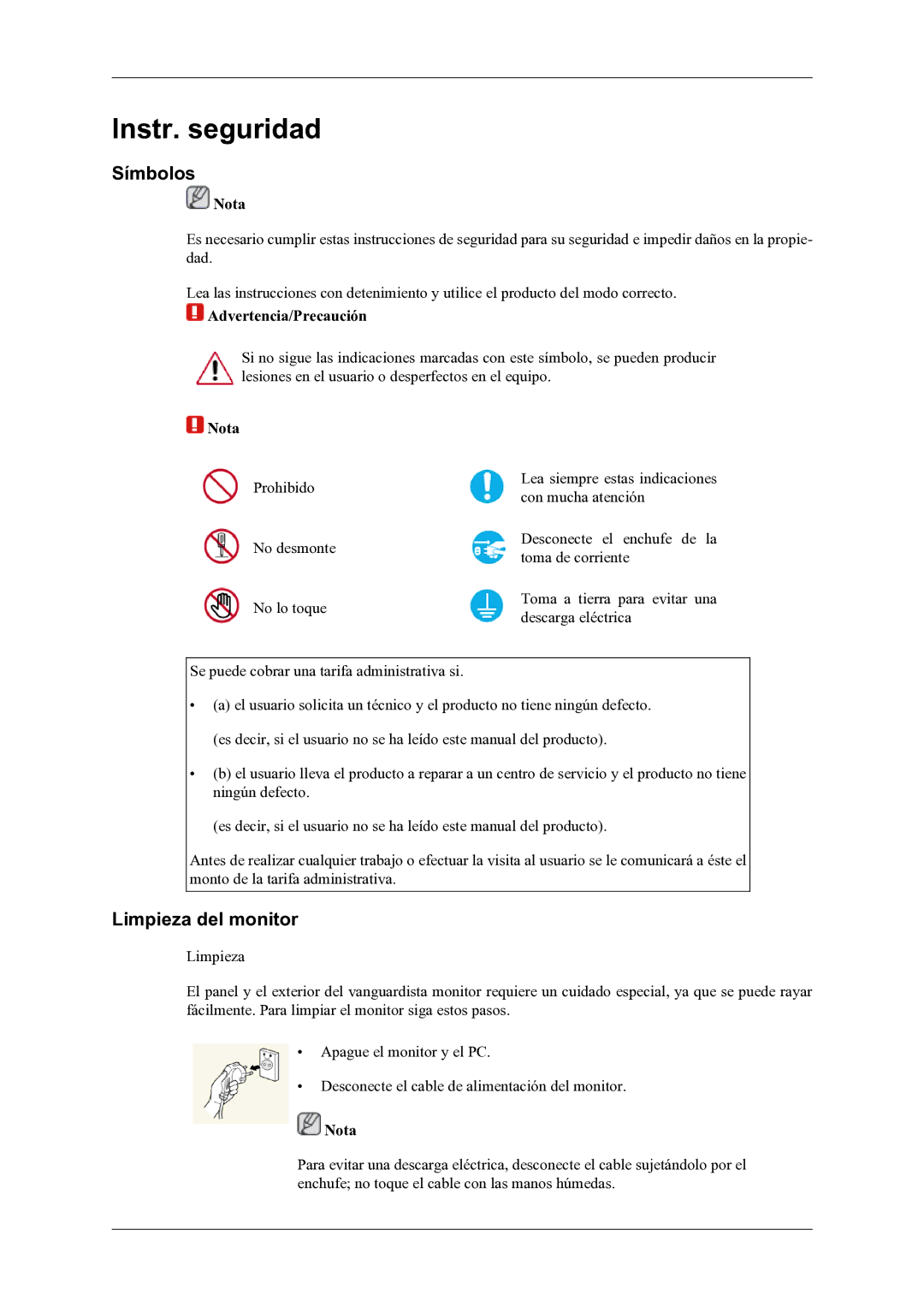 Samsung LH46OLBPPGC/EN manual Símbolos, Limpieza del monitor, Nota, Advertencia/Precaución 