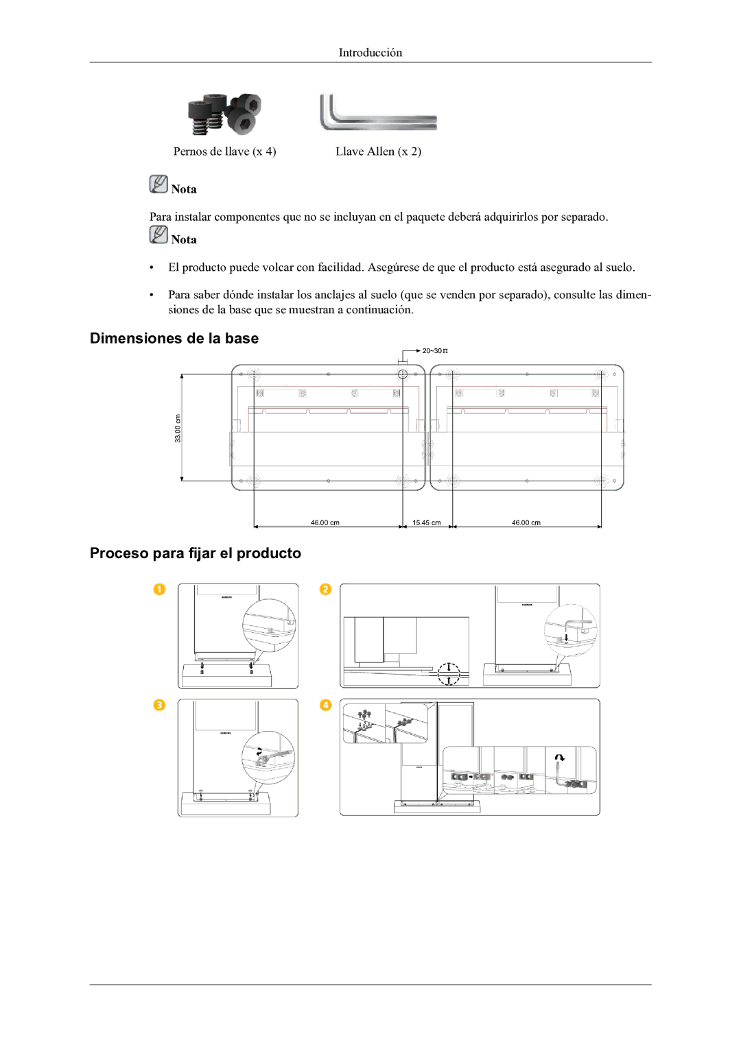 Samsung LH46OLBPPGC/EN manual Dimensiones de la base Proceso para fijar el producto, Nota 