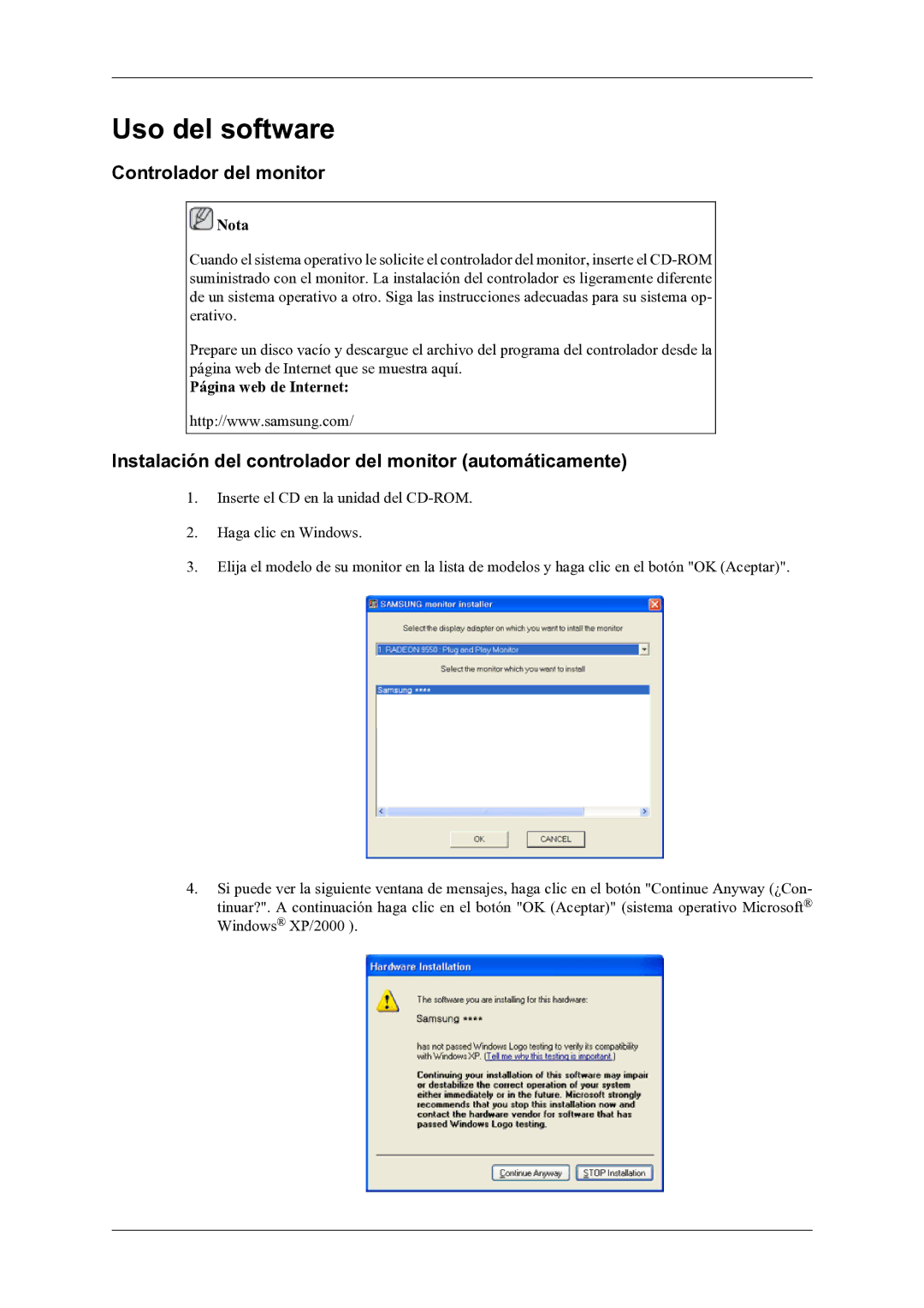 Samsung LH46OLBPPGC/EN manual Controlador del monitor, Instalación del controlador del monitor automáticamente 