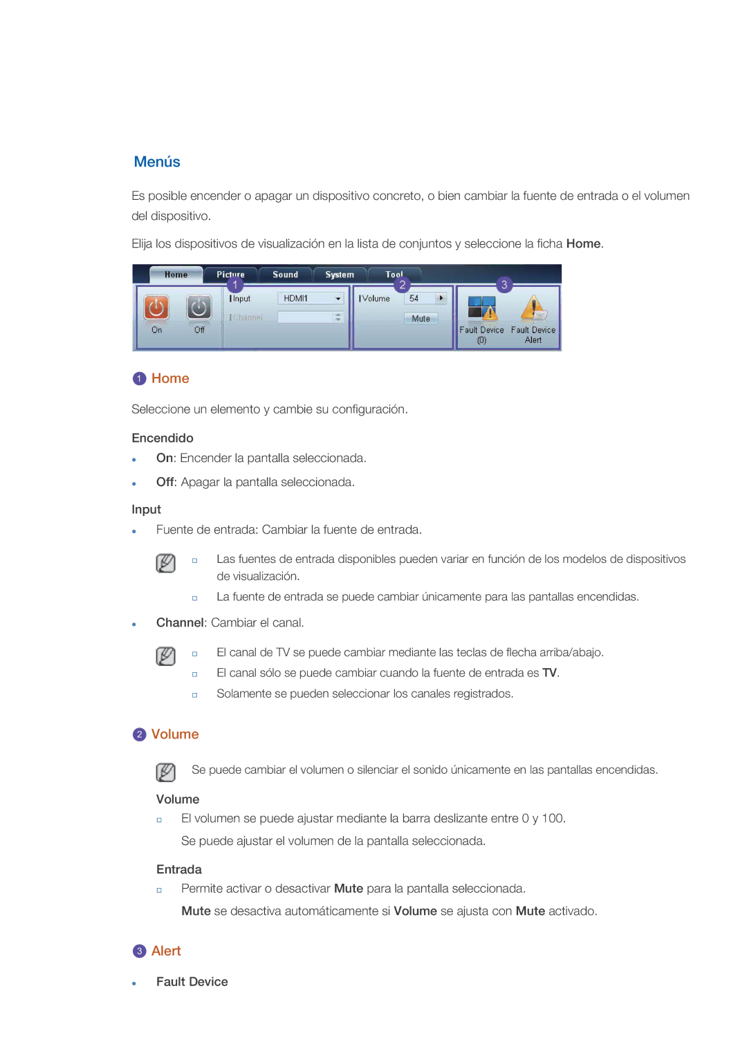 Samsung LH46OLBPPGC/EN manual Menús, Home, Volume, Alert 