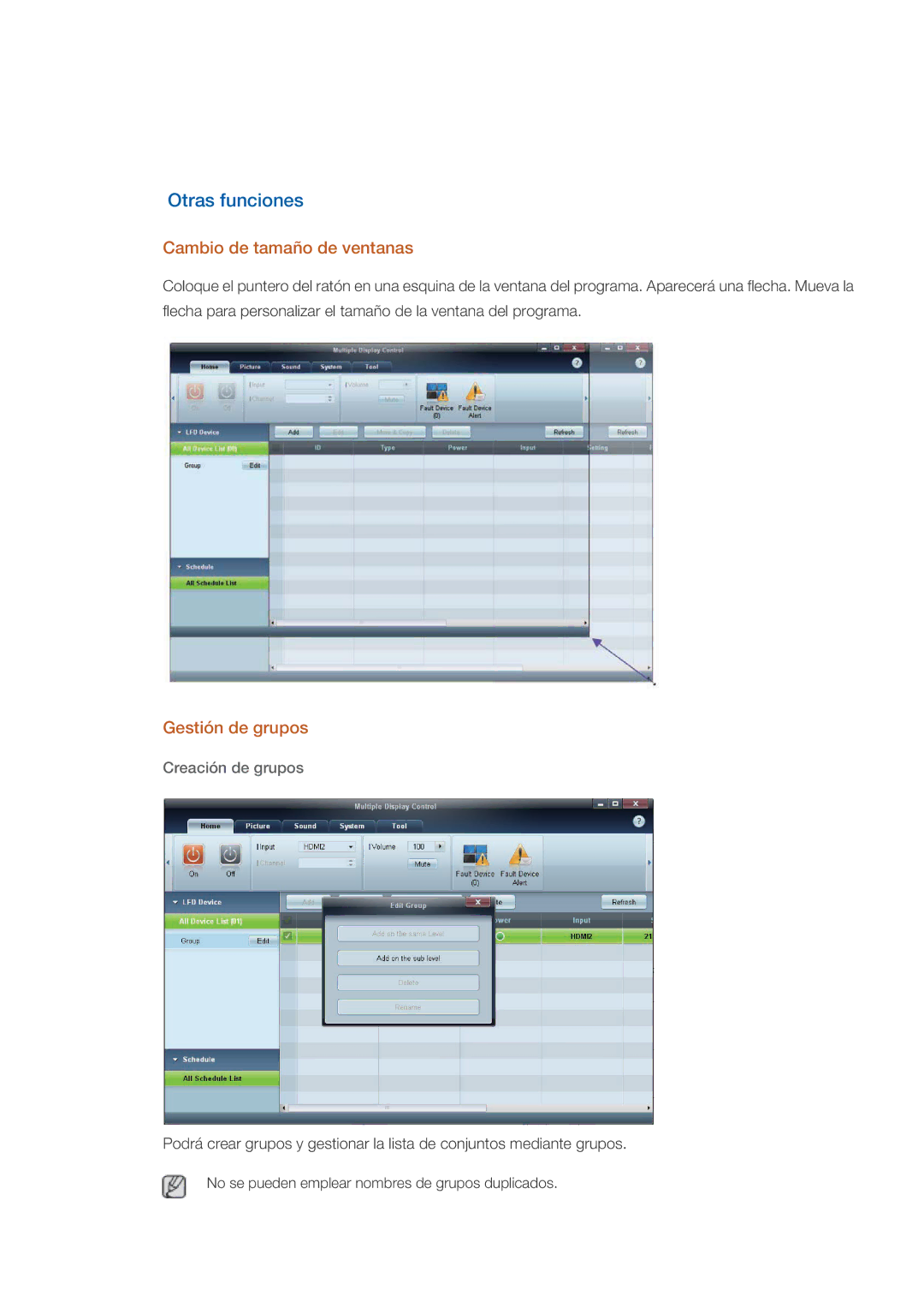 Samsung LH46OLBPPGC/EN manual Otras funciones, Cambio de tamaño de ventanas, Gestión de grupos, Creación de grupos 