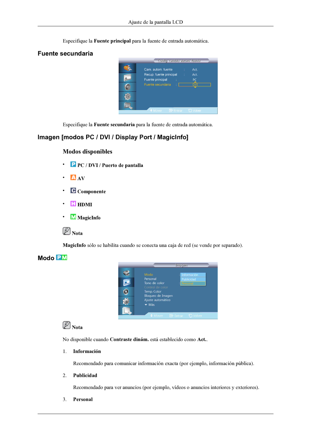 Samsung LH46OLBPPGC/EN manual Fuente secundaria, Imagen modos PC / DVI / Display Port / MagicInfo, Modo 