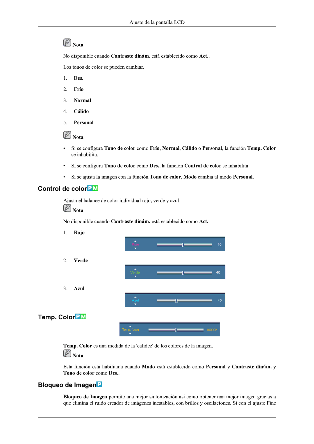 Samsung LH46OLBPPGC/EN manual Control de color, Temp. Color, Bloqueo de Imagen, Rojo Verde Azul 