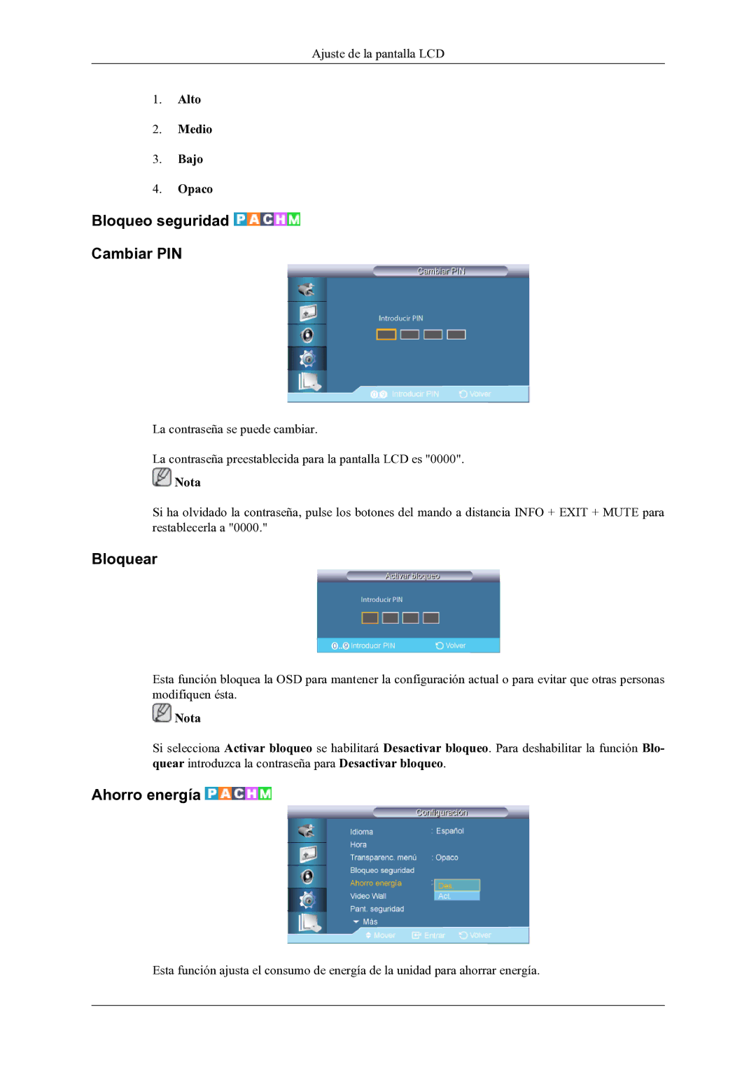 Samsung LH46OLBPPGC/EN manual Bloqueo seguridad Cambiar PIN, Bloquear, Ahorro energía 