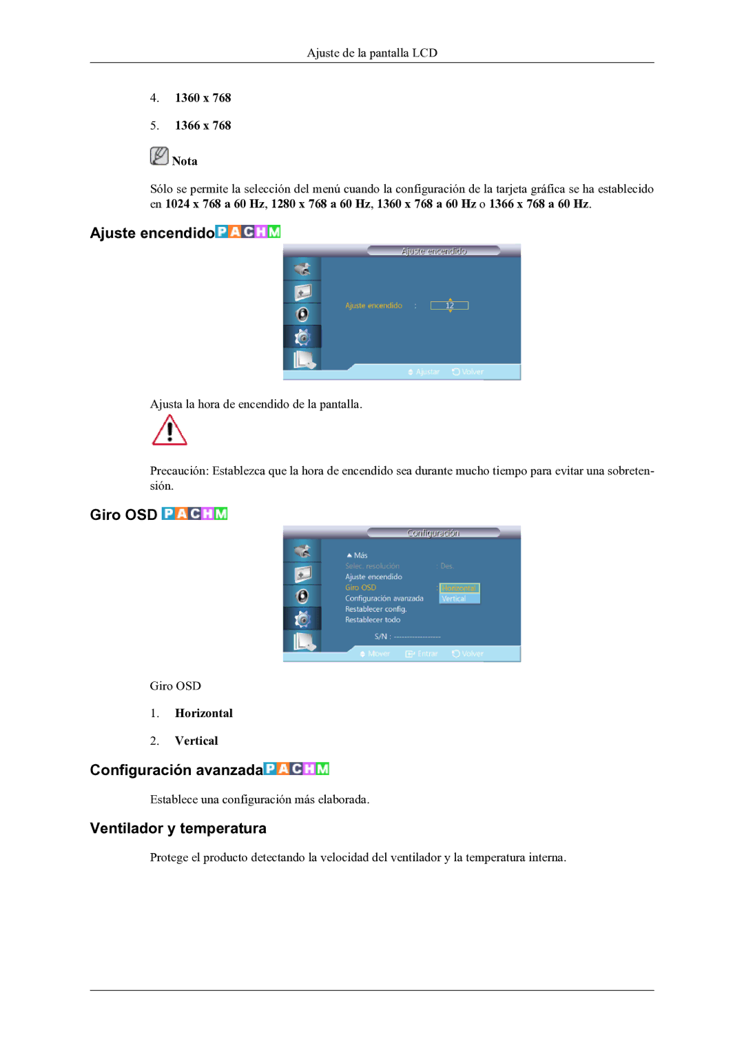 Samsung LH46OLBPPGC/EN manual Ajuste encendido, Giro OSD, Configuración avanzada, Ventilador y temperatura 