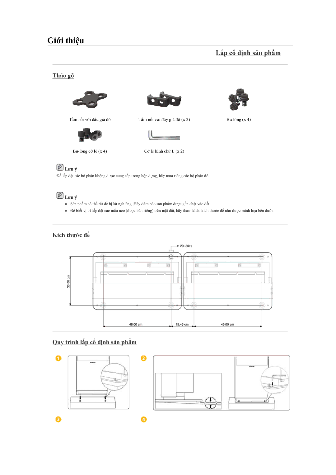 Samsung LH46OLBPPGC/EN manual Lắp cố định sản phẩm, Kích thước đế Quy trình lắp cố định sản phẩm 