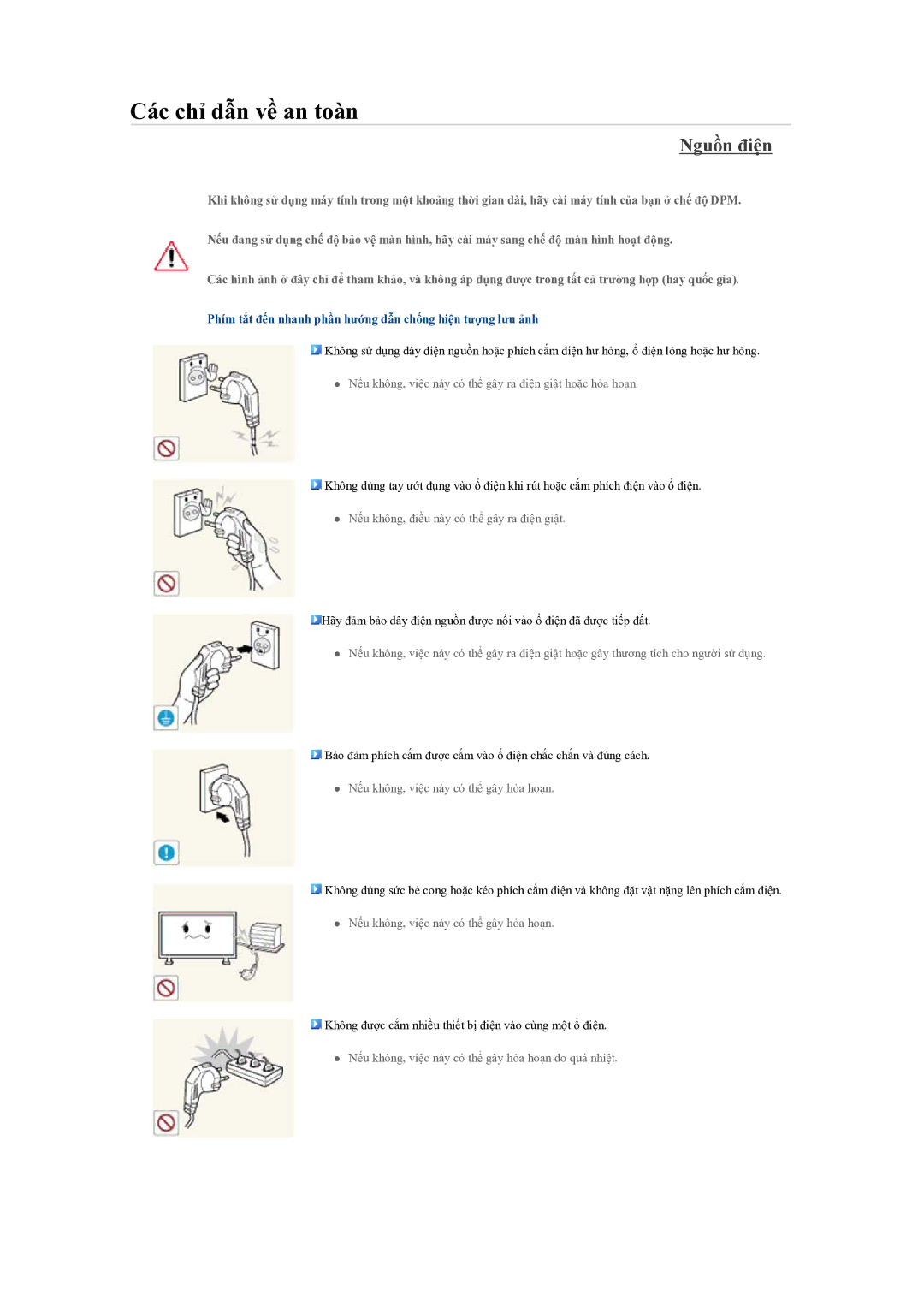 Samsung LH46OLBPPGC/EN manual Nguồn điện, Phím tắt đến nhanh phần hướng dẫn chống hiện tượng lưu ảnh 